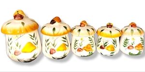 Set of 5 whimsical mushroom butterfly ceramic canisters